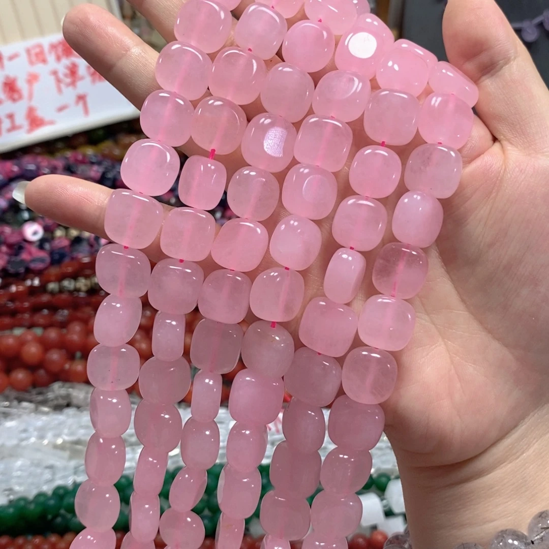 玛瑙/玉髓未镶嵌珠宝半成品粉玉方块一条卡14mm