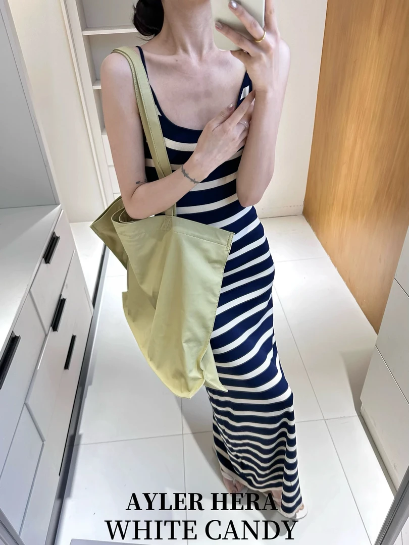 夏季修身显瘦高腰欧美条纹吊带连衣裙011