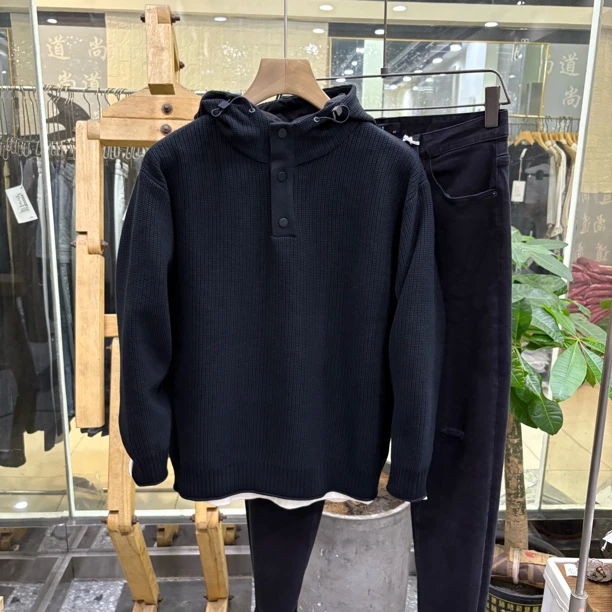 莱赛尔混纺针织卫衣，秋冬款潮流男士百搭连帽卫衣套头上衣保暖