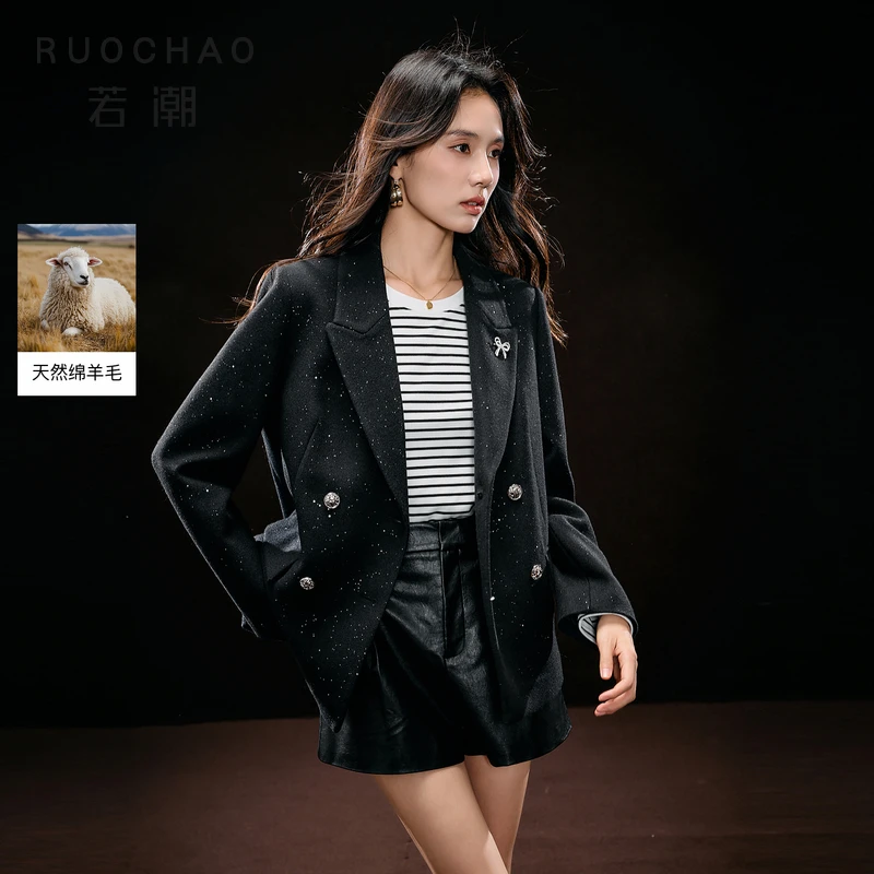 三彩大码女装2025冬季新款烫钻羊毛呢外套双排扣戗驳领胖MM