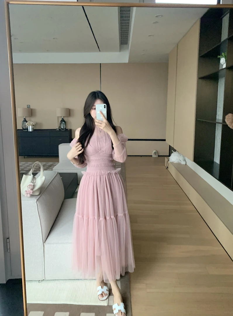 新两穿可露肩不露肩纯色粉色网纱法式甜美公主连衣裙气质长裙温柔