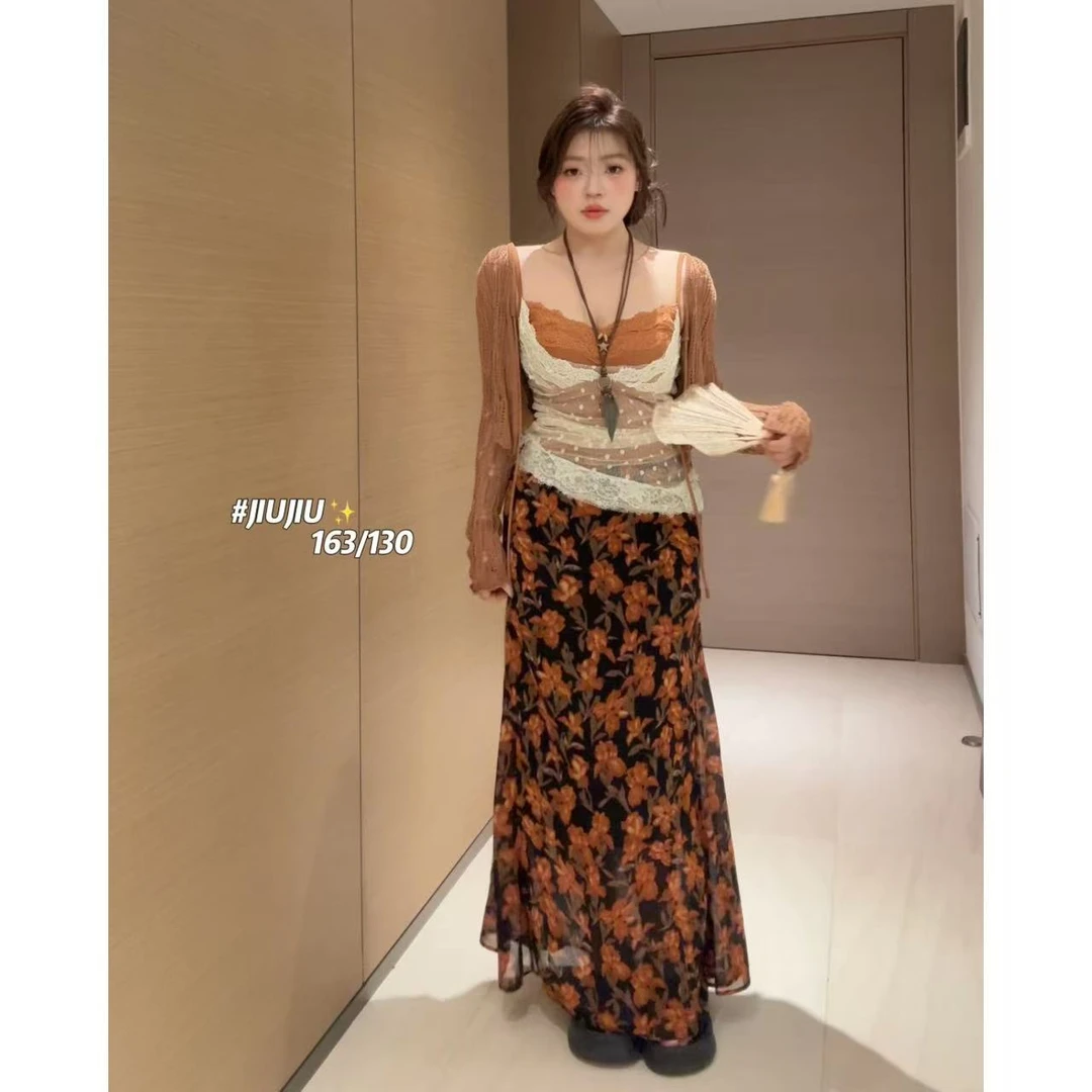 清清价【蕾丝绮梦 微胖定制纯欲撞色吊带+夏季印花半身裙