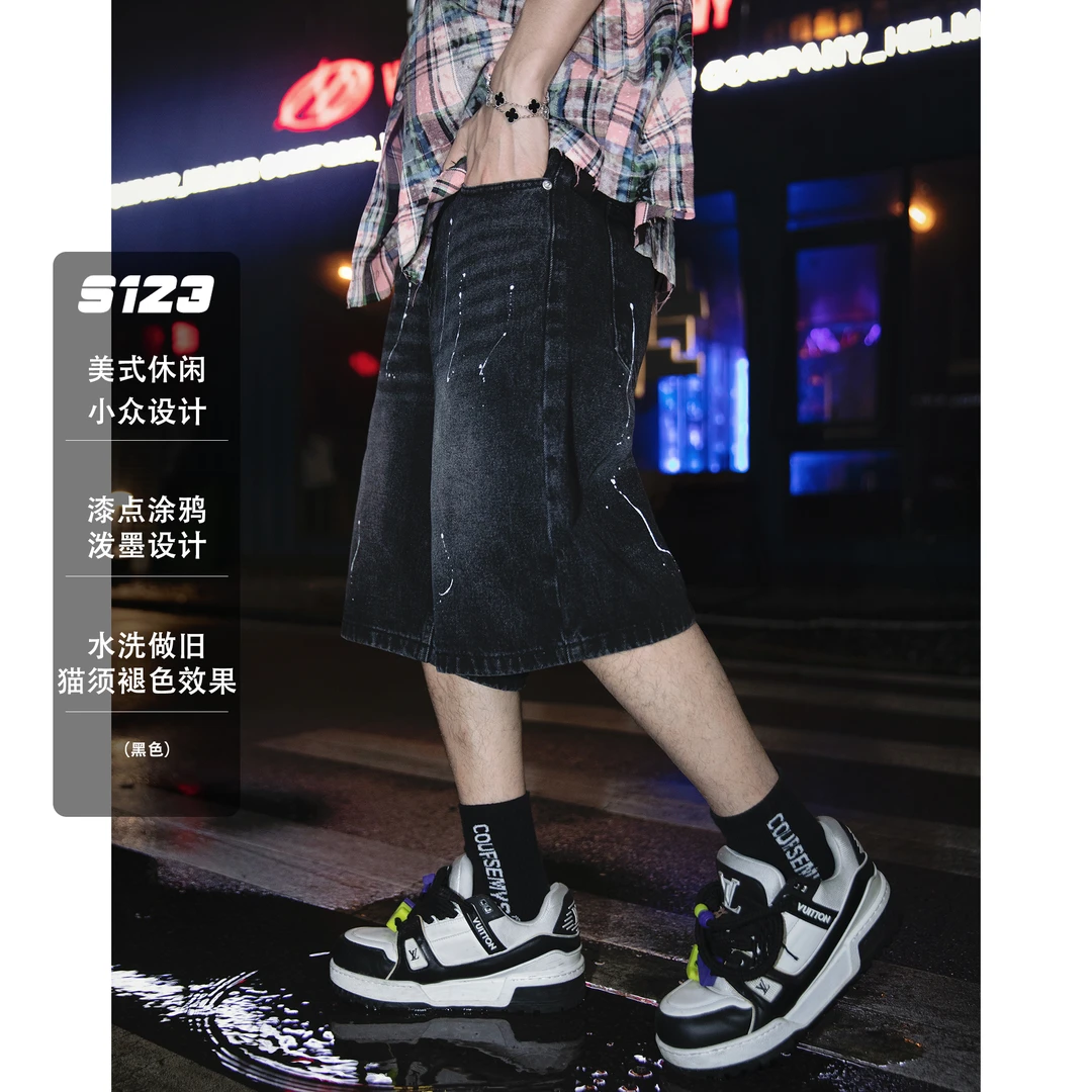 S123 夏季美式休闲痞帅漆点涂鸦泼墨牛仔短裤男直筒做旧宽松裤子