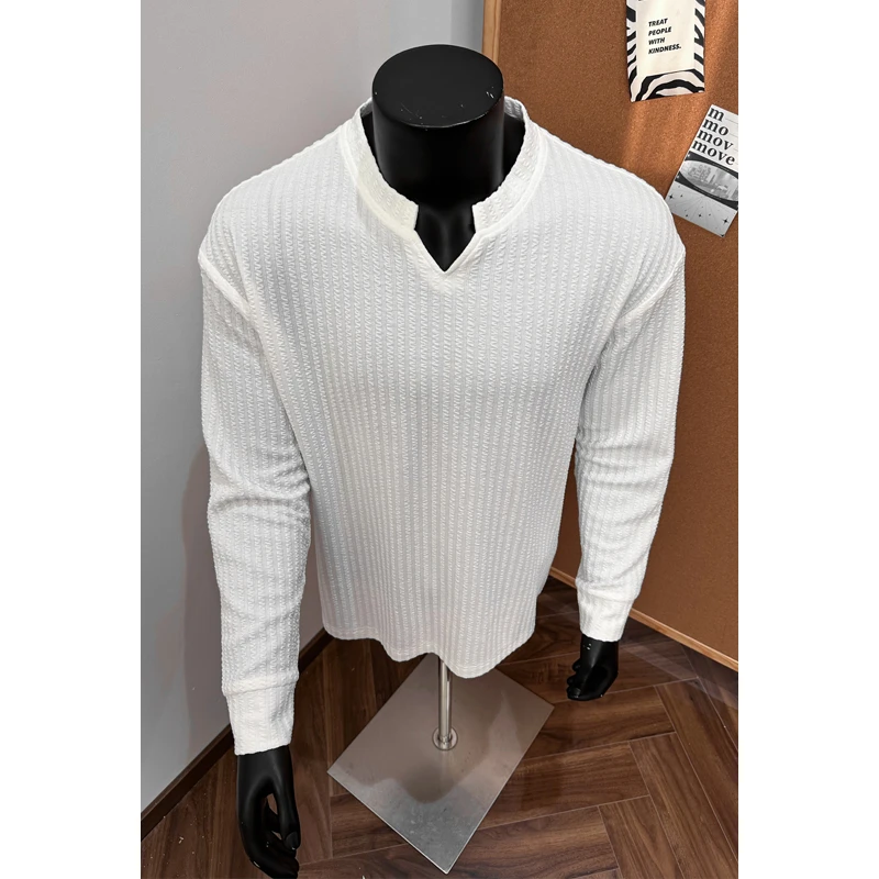 肌理感长袖T恤男早秋季松弛感宽松透气打底衫V领内搭上衣服慵懒风
