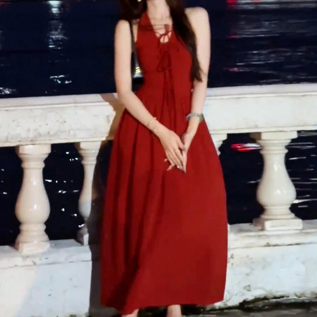 【现货+运补】复古红色挂脖吊带海边度假气质收腰长裙4908