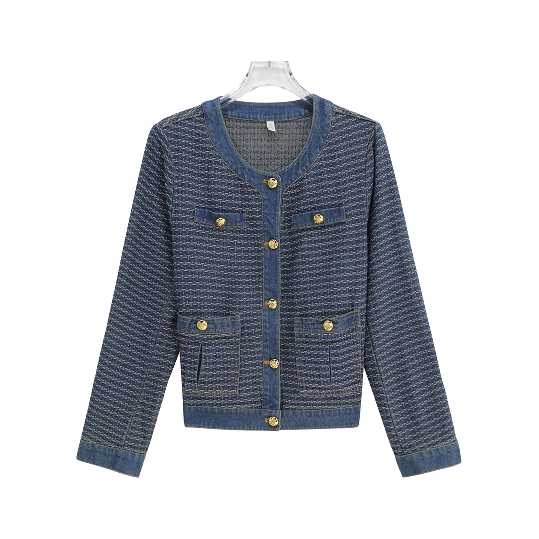 洋气小香风气质肌理感圆领宽松休闲牛仔外套S2386