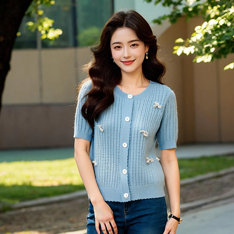 奢姿大码女装2025夏季减龄蝴蝶结设计时尚针织衫胖妹妹小香风上衣