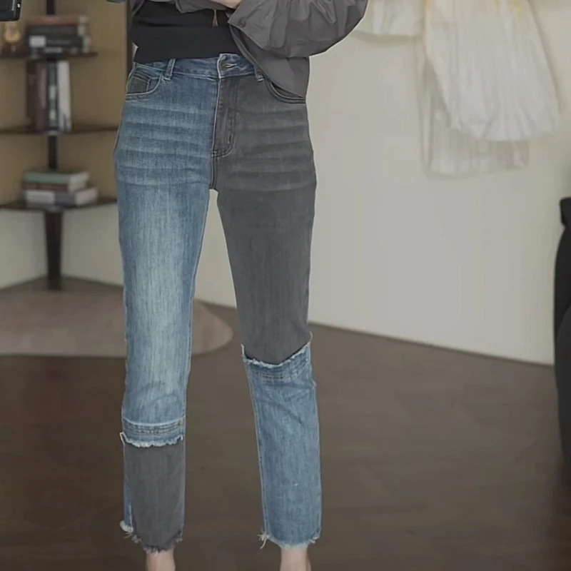 复古直筒牛仔裤女夏季新款修身显瘦弹力毛边烟管裤时尚拼接设计感