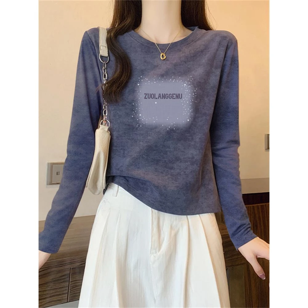 正肩扎染t恤女春秋季2025新款设计感小众棉洋气长袖打底衫上衣