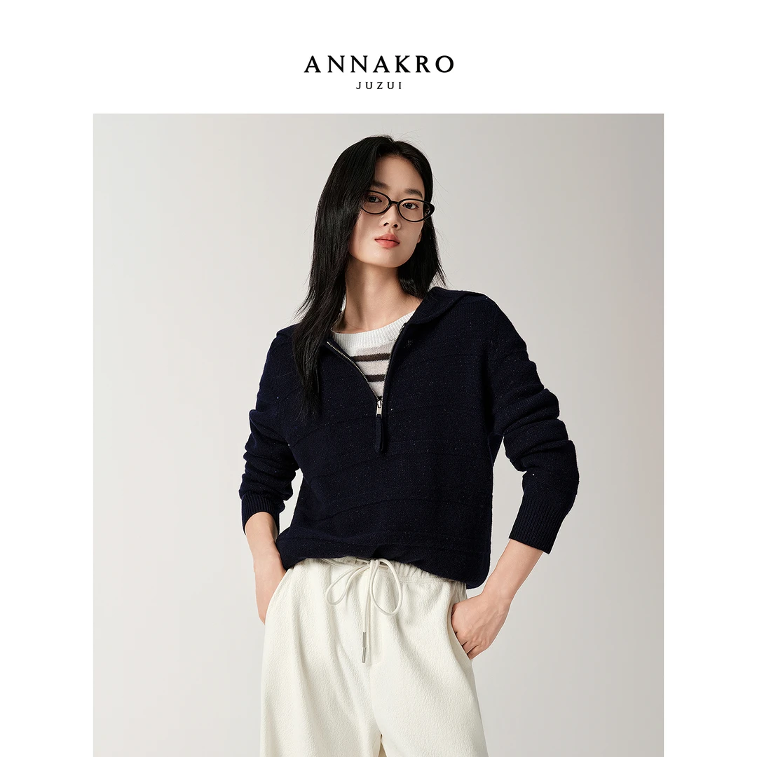 【小余专属】玖姿·安娜蔻KWFD31062复古风亮片羊毛海军领针织衫女冬