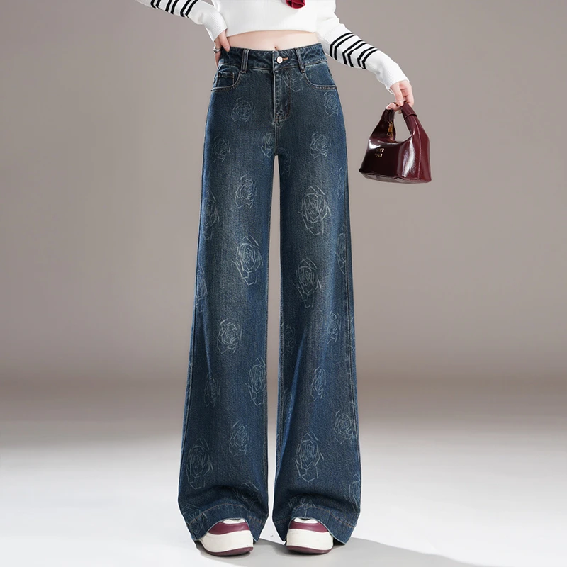 哥弟阿玛施正品秋季新款立体高腰刺绣牛仔筒喇裤复古显高显瘦百搭