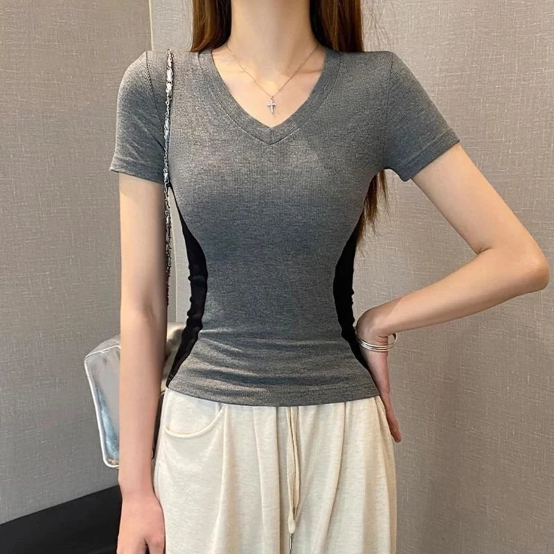 V领设计感小众修身显瘦正肩辣妹小T恤新款短袖黑色上衣女2025夏季