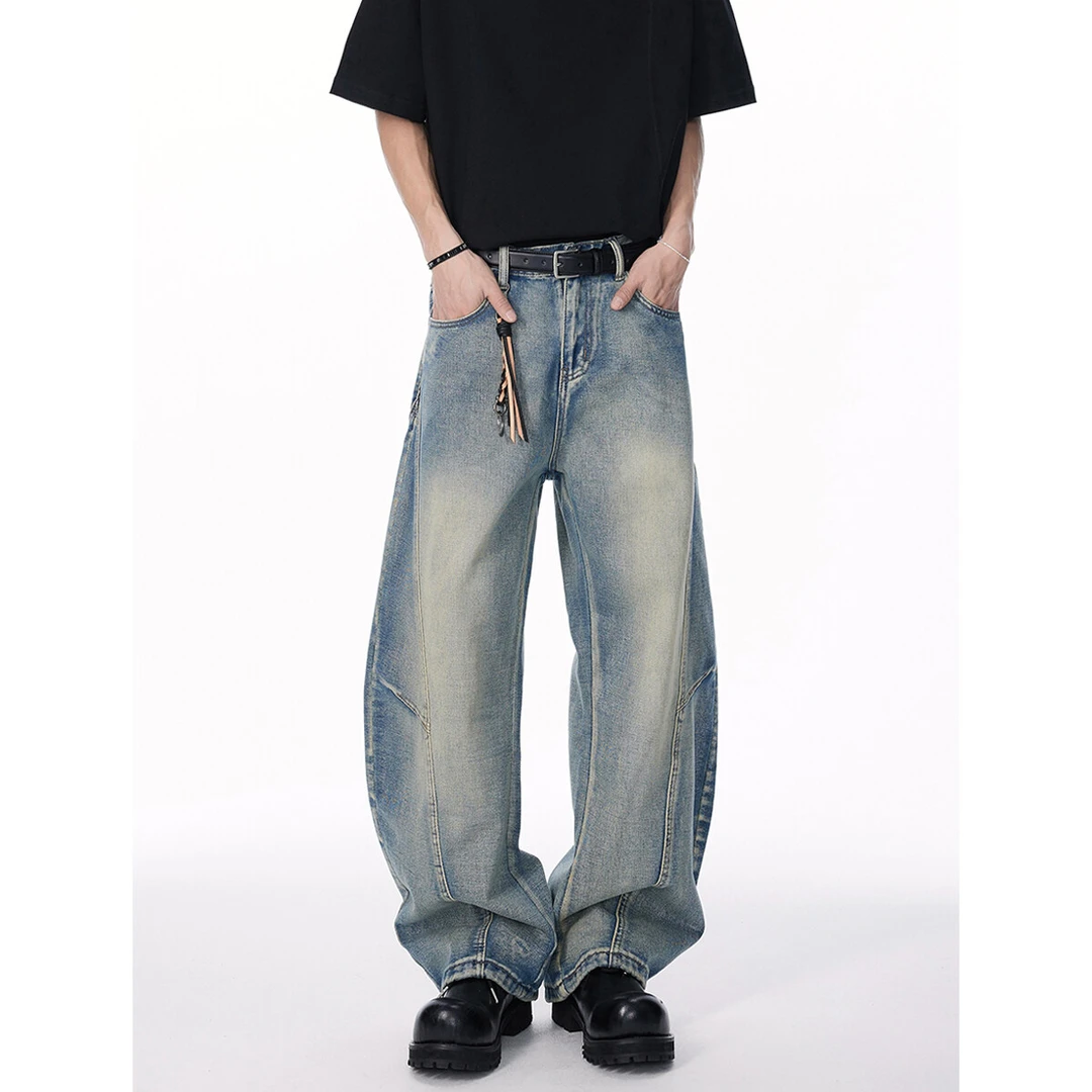 美式街头弯刀做旧牛仔裤男女2025新款复古宽松阔腿裤显瘦情侣长裤