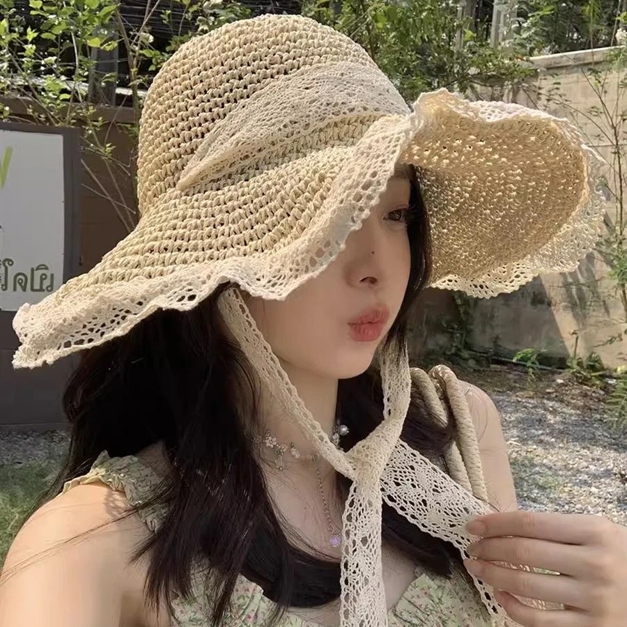 草帽海边帽子ins系带帽女夏出游防晒沙滩太阳帽蕾丝边遮阳帽X1