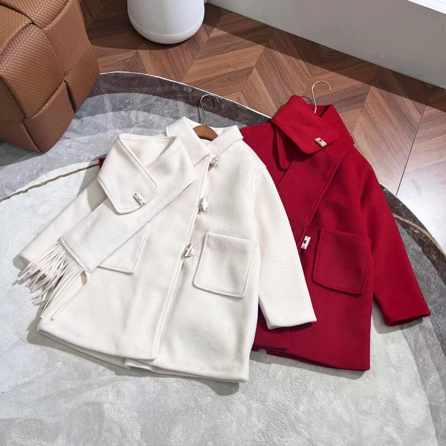 春秋季高品质女大童夹棉呢子大衣外套长款保暖围脖外套-YHW374