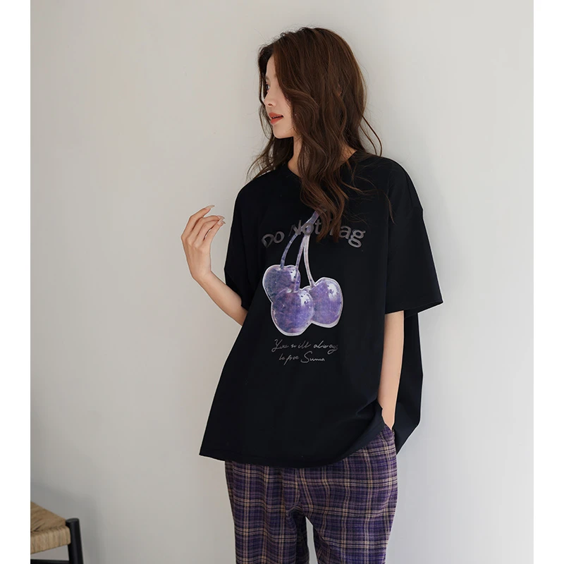 美腾新款柔软棉夏季睡衣女短袖圆领家居服高级紫色7A抗菌长裤套装