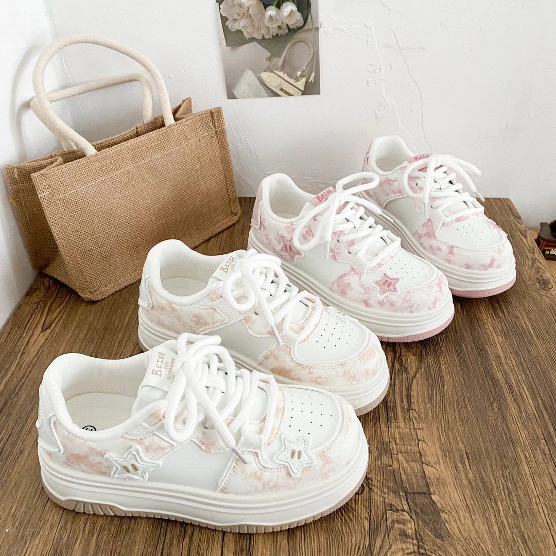 【觅觅】厚底面包板鞋女2025春季新款小众原创学生休闲星星小白鞋