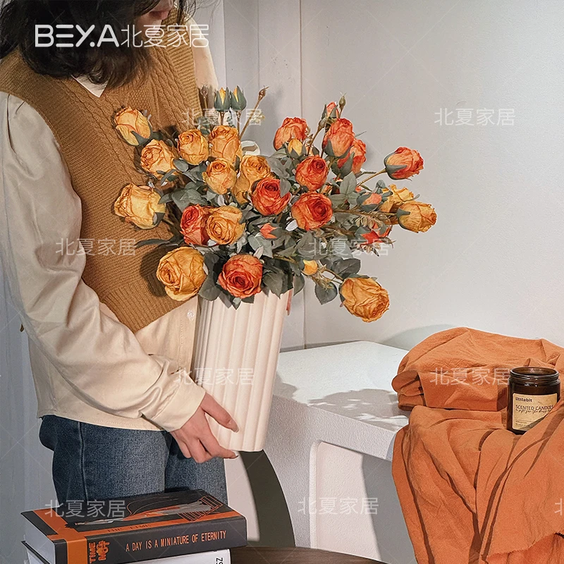花样年华焦边仿真花花束高档软装客厅家居摆件瓶插花家居摆件