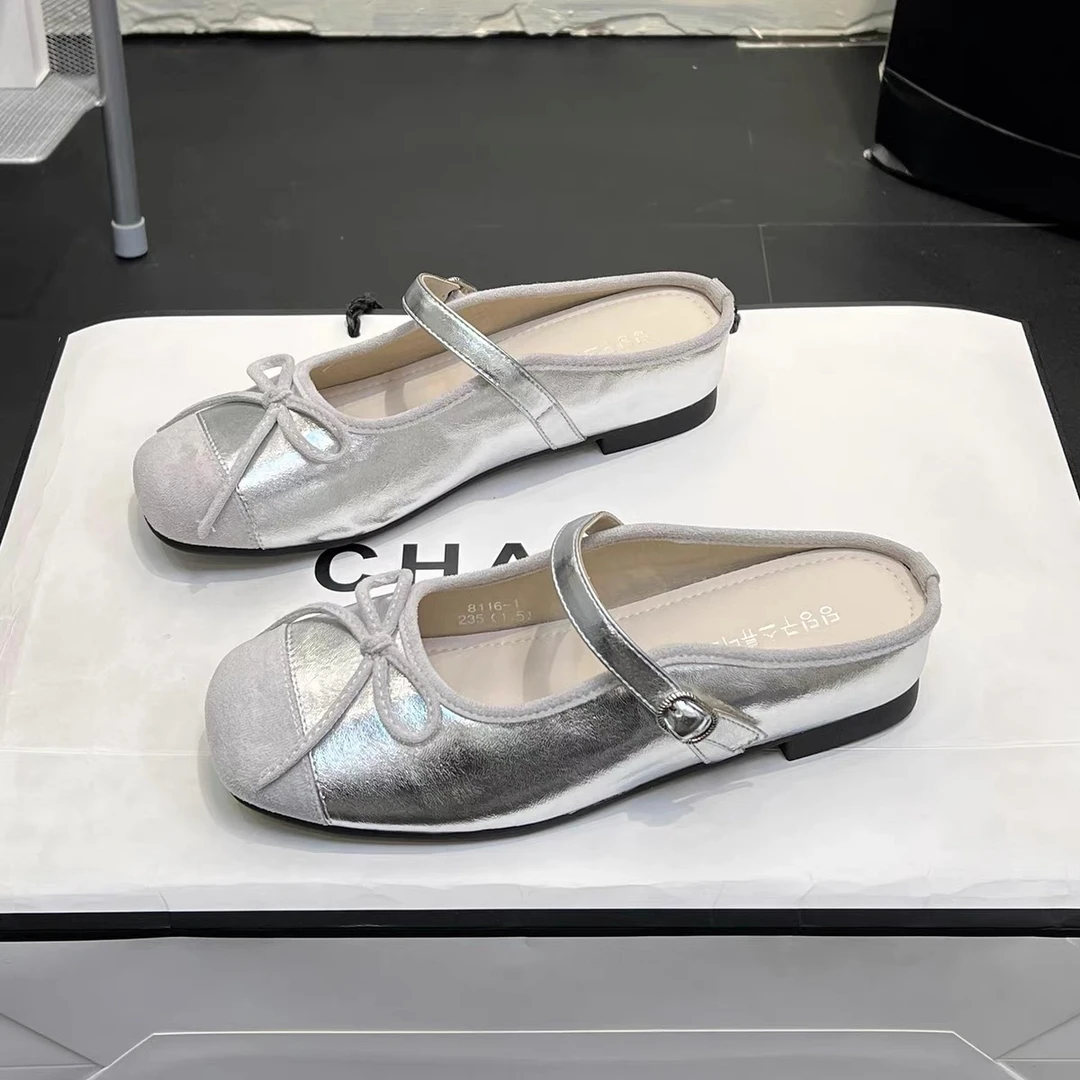 玛丽珍浅口银色包头半托鞋女夏季新款一字带蝴蝶结百搭凉拖鞋7009