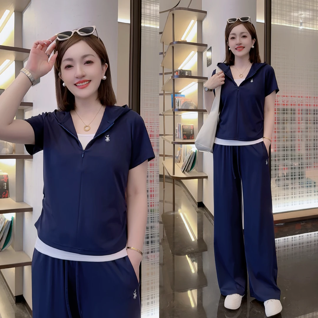 【艾可儿】夏季新款POLO GWON收腰款运动拉链连帽三件套套装39160