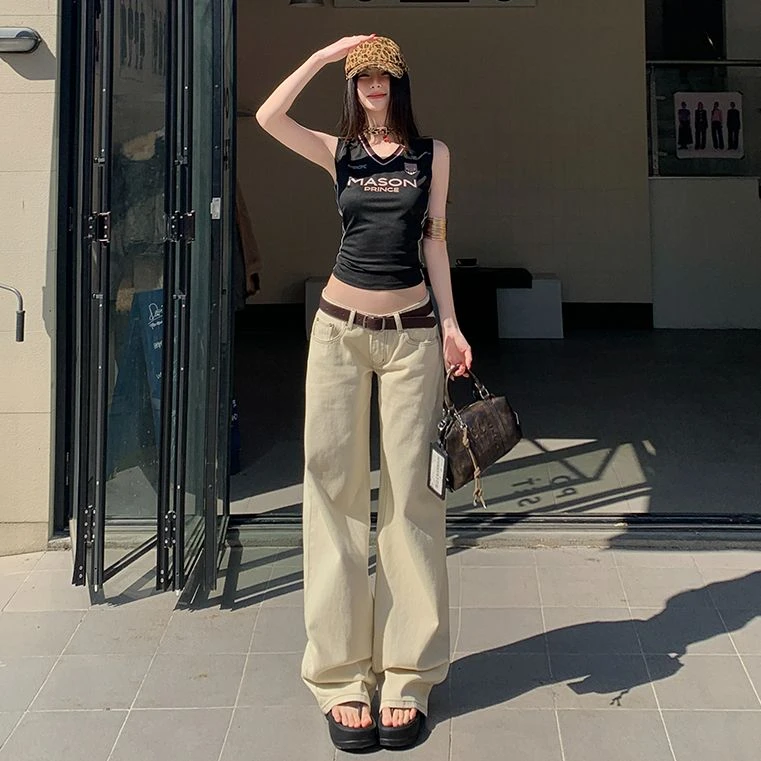 2025夏季新款美式辣妹低腰杏色阔腿牛仔春新款宽松显瘦直筒拖地裤