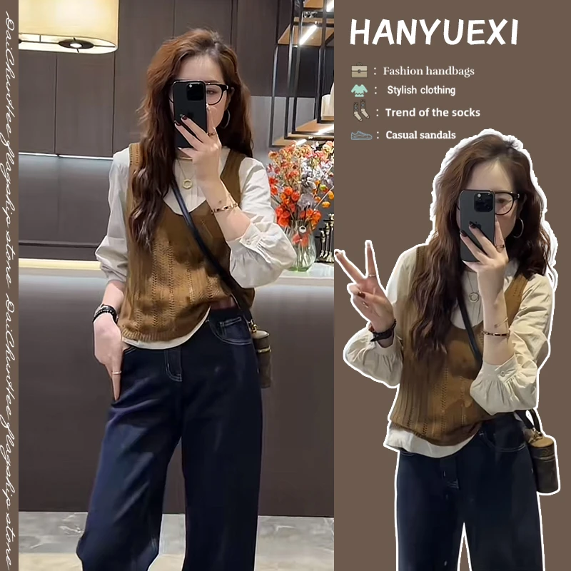 早秋时尚穿搭一整套女2025新款百搭衬衫无袖背心马甲牛仔裤三件套