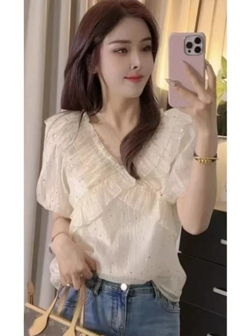 606时尚百搭波点纯色设计感衬衫慵懒风V领夏季小衫扎花