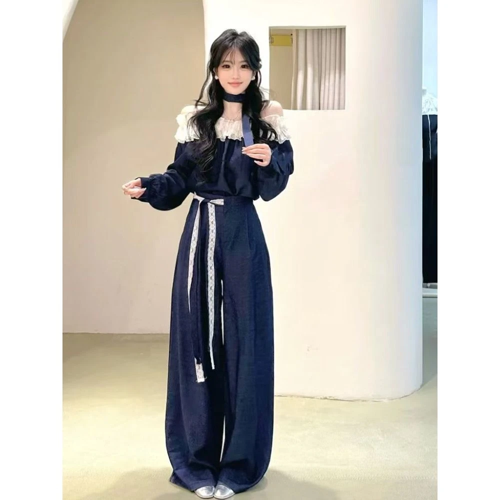 2025年韩版春季新款一字肩收腰显瘦花边上衣+高腰阔腿裤两件套