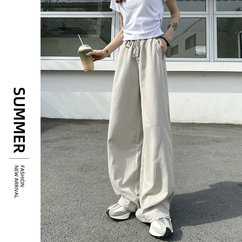 冰丝速干工装裤女夏季薄款2025新款垂感阔腿裤美式高腰休闲直筒裤