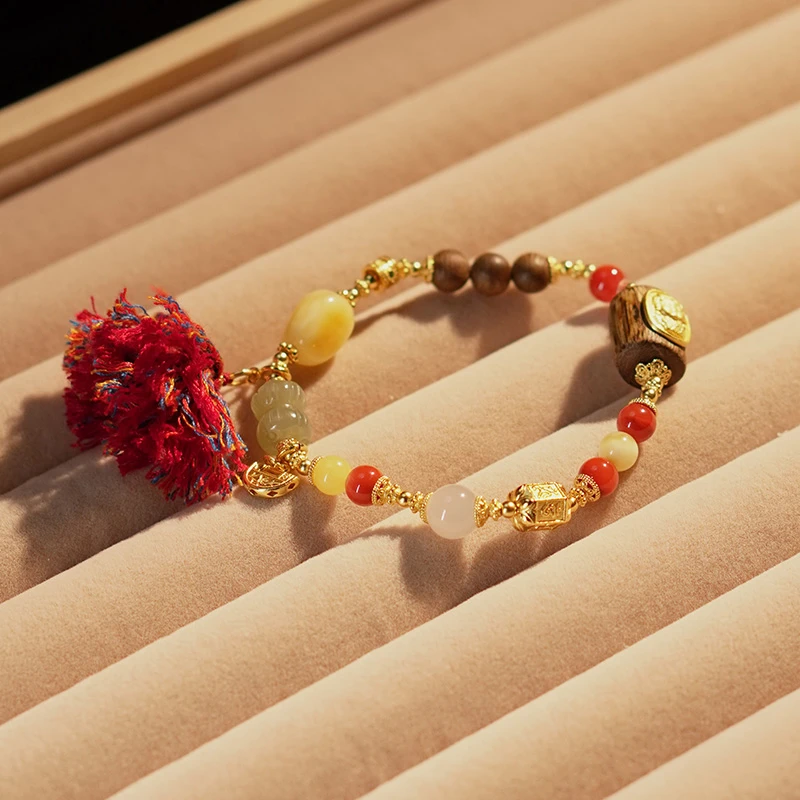 L【岁安】原创设计蜜蜡沉香和田玉S925银多宝手串