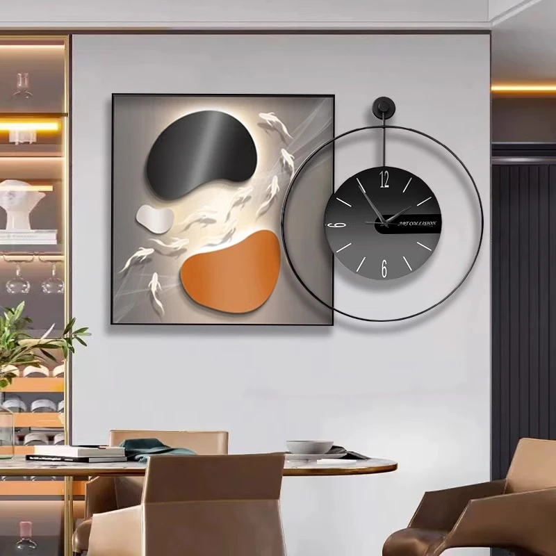 新款钟表餐厅装饰画现代高档餐桌背景墙壁画静音钟表画饭厅墙挂画