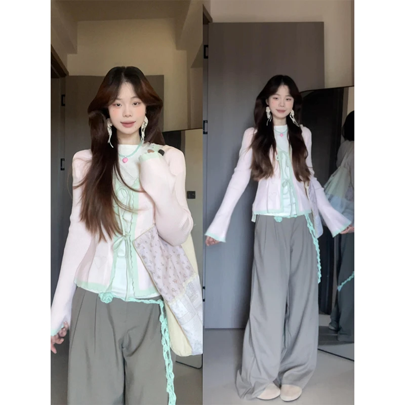 parkyeon韩系绑带V领粉色针织开衫上衣女秋季高腰显瘦休闲裤套装