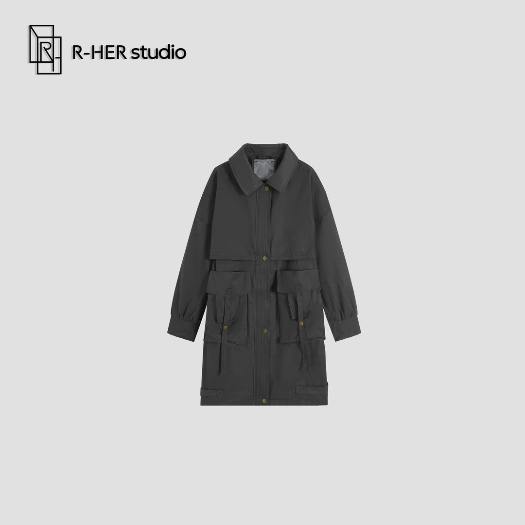 R-HER“闲暇日记”工装风百搭大口袋中长显瘦时尚简约风衣外套M2105