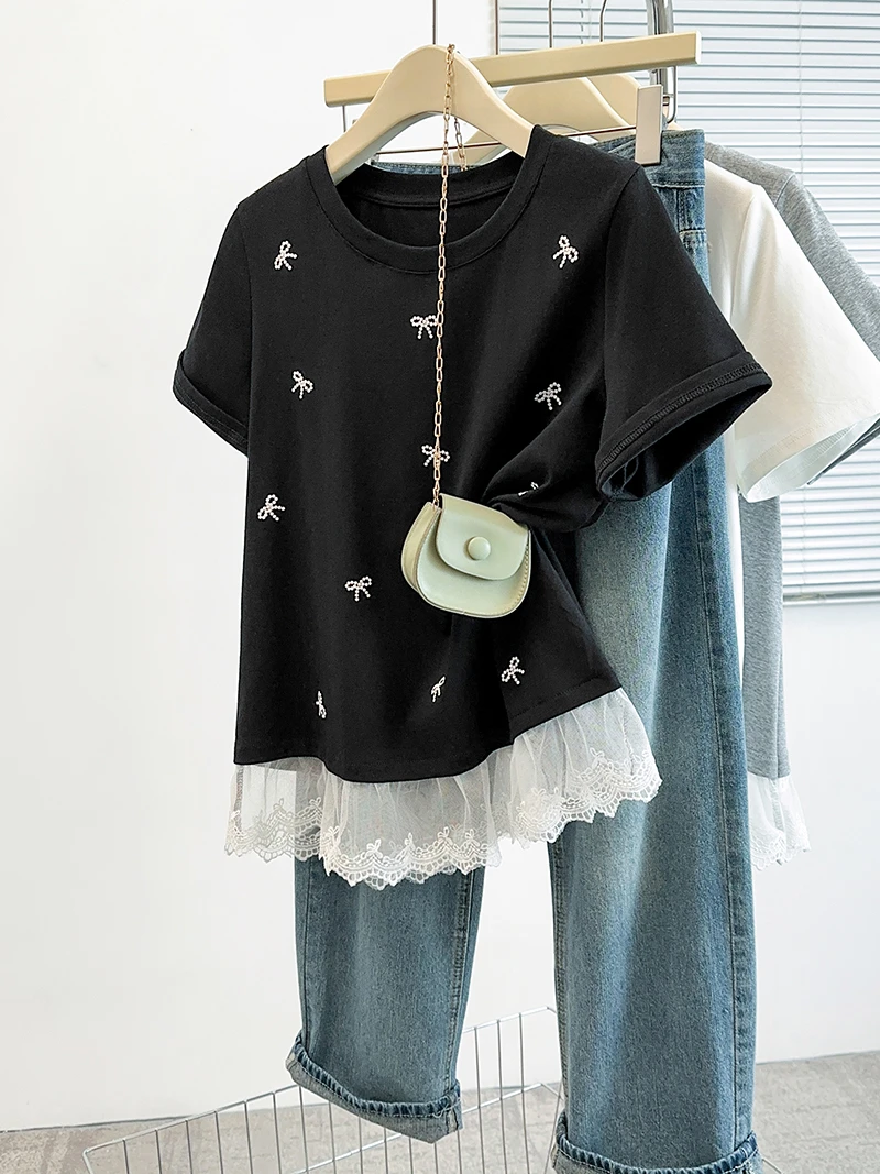 【依依2】2025夏装新款胖mm大码女别致蝴蝶结拼接蕾丝花边短袖T恤