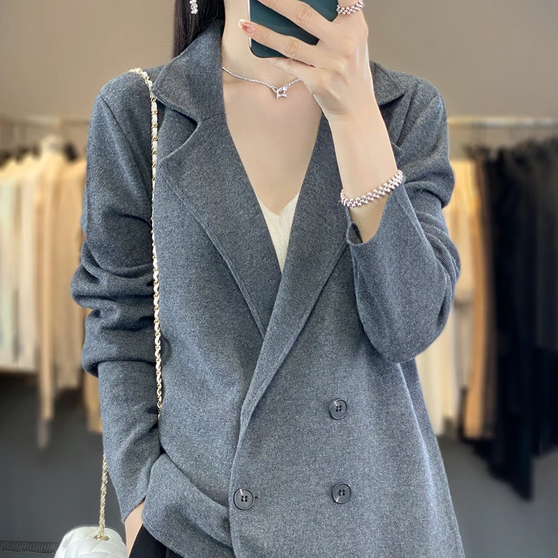 双排扣长袖直筒型西装领纯色西装开衫外套