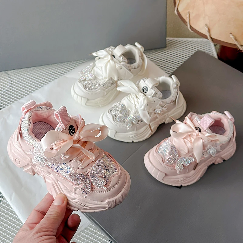 女童鞋子春季新款网面运动鞋时尚亮片蝴蝶结小女孩休闲鞋2505