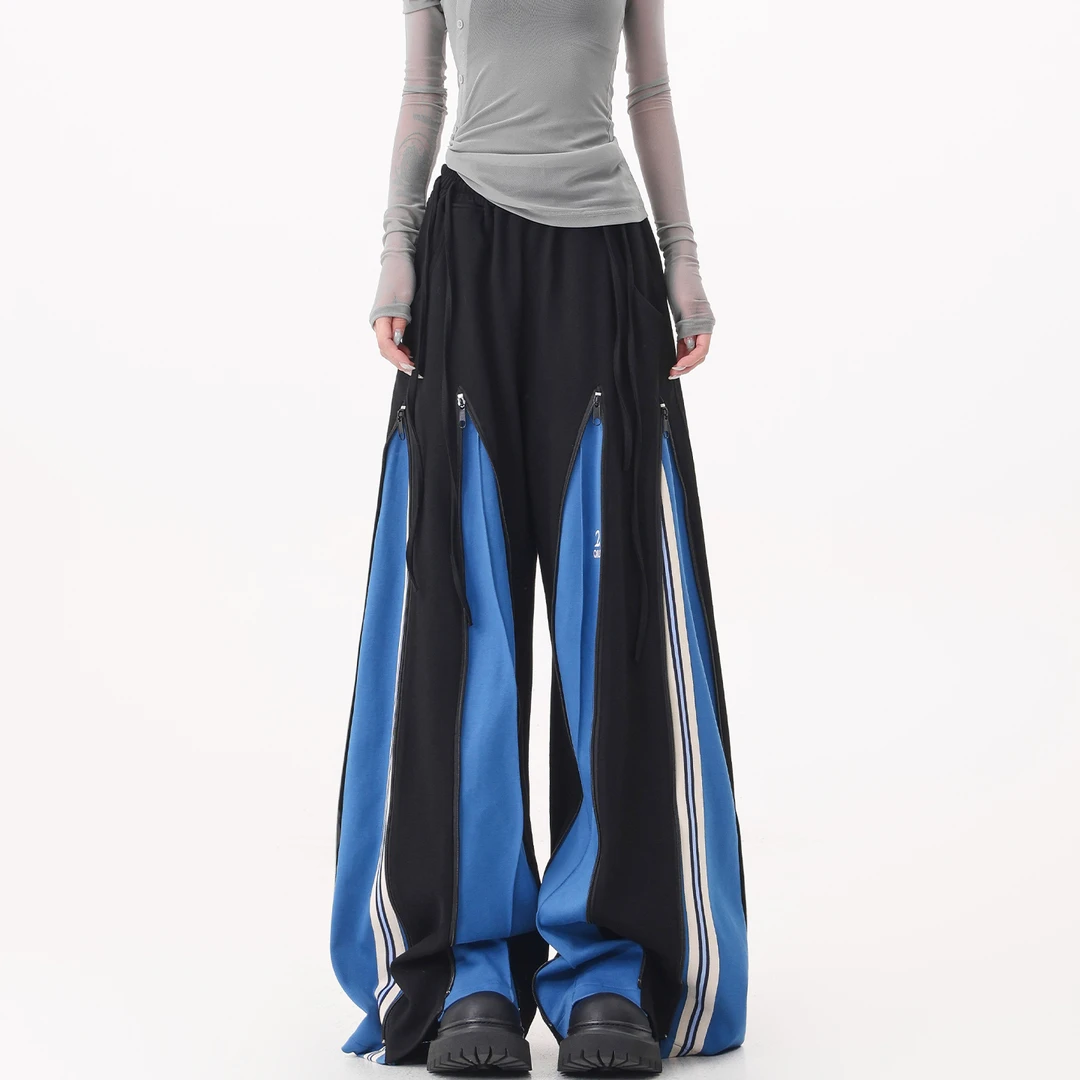 KEN STUDIO复古拼接运动裤卫裤女夏季爵士街舞跳舞阔腿拖地裤裤子