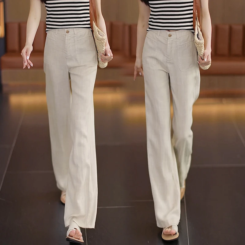 杏色阔腿裤女夏季2025新款高腰宽松垂感薄款爆款亚麻直筒休闲裤子