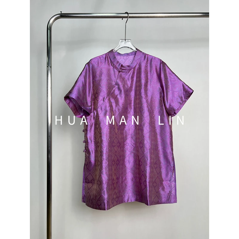 【花满林】小立领斜门襟盘扣流光绸真丝桑蚕丝奥黛上衣251336