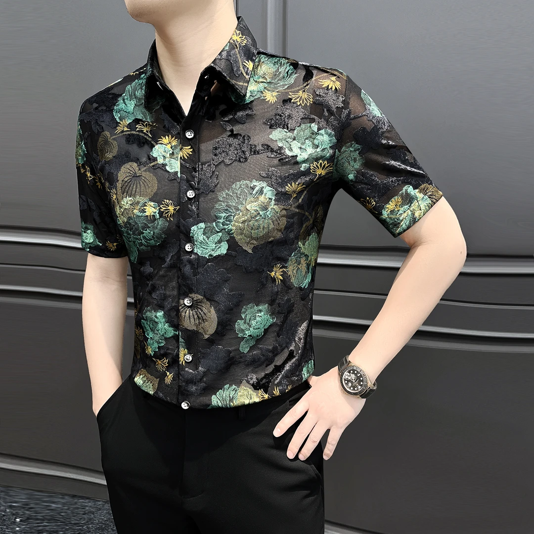 网纱男士短袖衬衫秋季新款2025爆款男装痞帅高级感男款潮流花衬衣