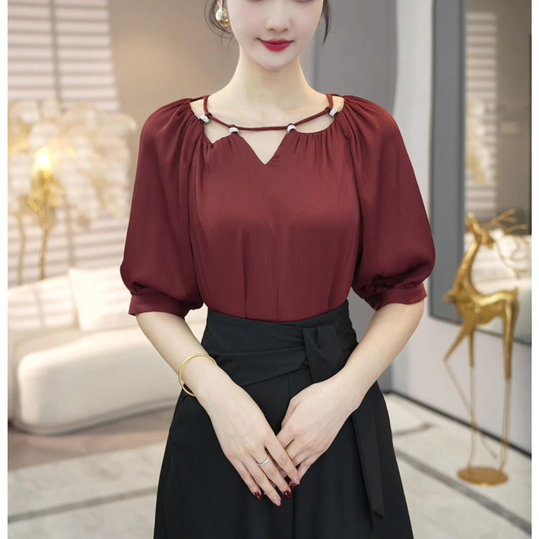 现货2025夏季新款【ZM24-X382】小众气质洋气法式酒红色衬衫上衣女