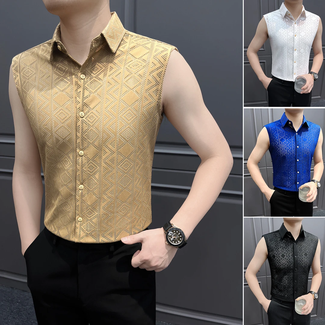 菱形格无袖衬衫男款爆款2025新款痞帅高级感男装镂空薄款男士衬衣