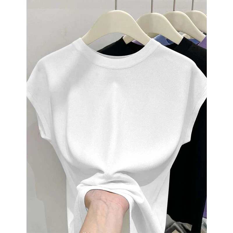 夏季高级气质无袖圆领ｔ恤针织衫薄款宽松莱赛尔包肩小飞袖上衣女