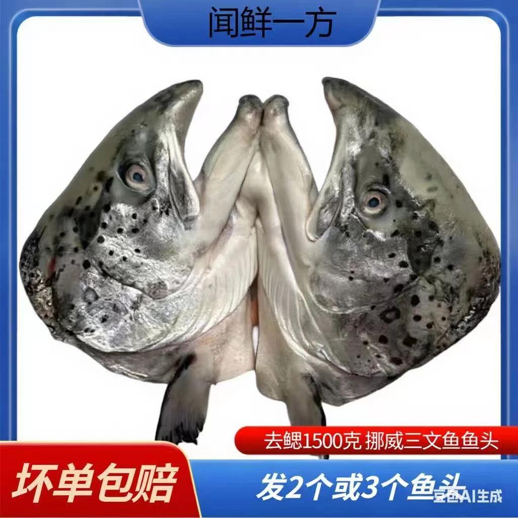 挪威三文鱼新鲜冷冻鱼头1500克 发2-4个已去鱼鳃煲汤红烧烤着食用