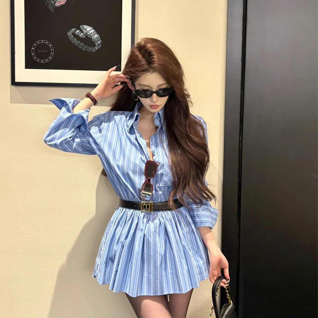 GUIDI GUDI【海神印记】气质条纹长袖衬衫连衣裙/黄加蓝