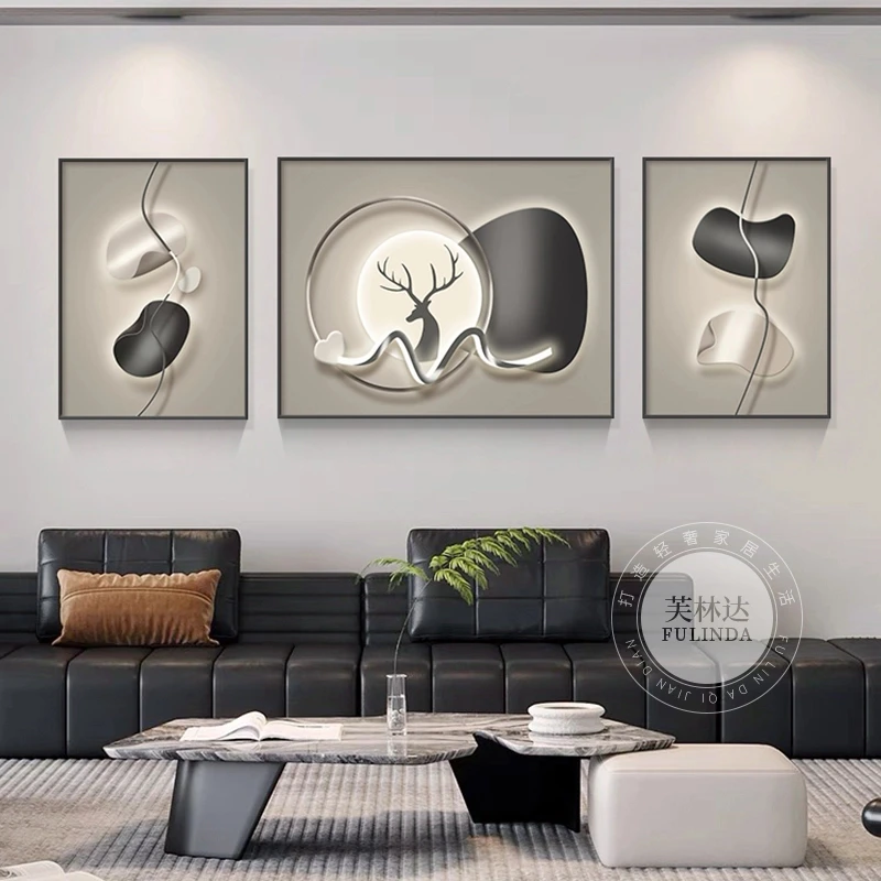 芙林达轻奢客厅装饰画现代简约高档大气麋鹿三联沙发背景墙壁挂画