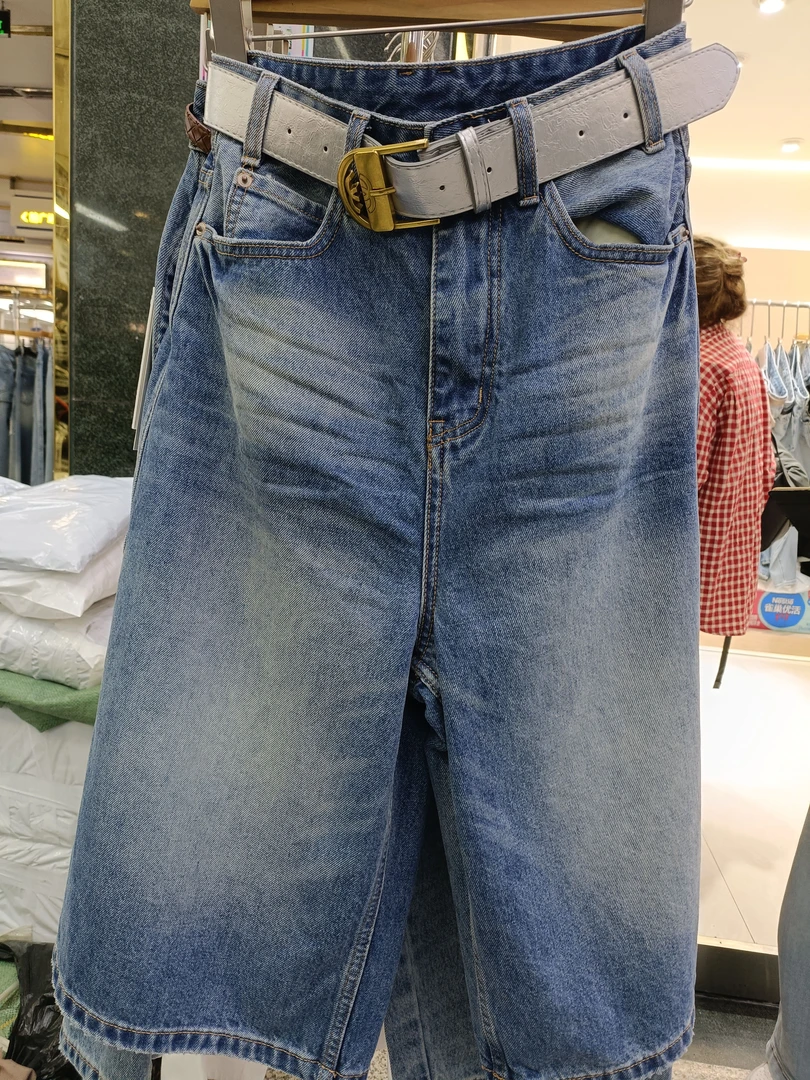 【特价】美式复古磨白牛仔短裤女高腰七分宽松显瘦直筒阔腿中裤