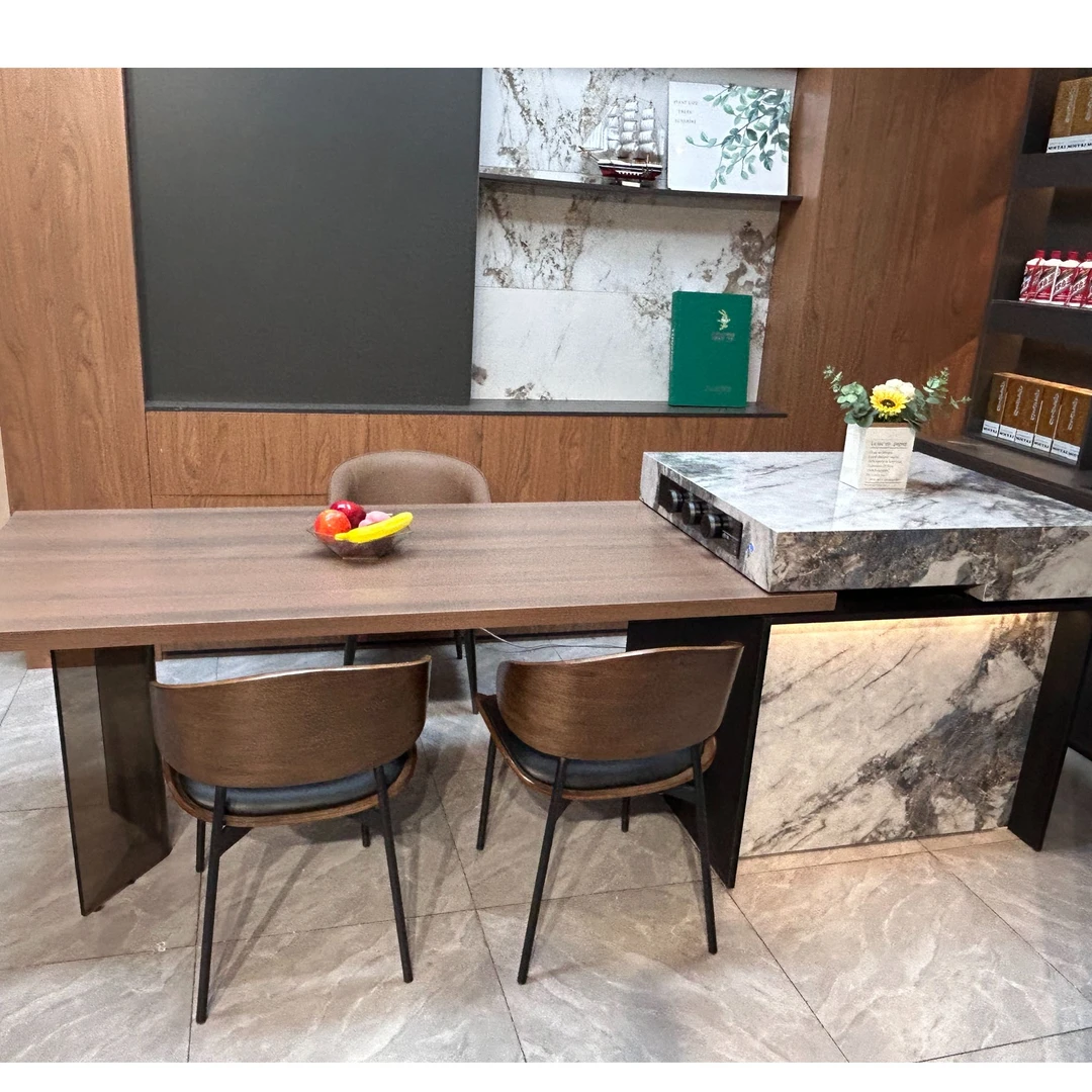 意式极简岩板岛台餐桌一体家用可伸缩中导台轻奢岛台定制水槽