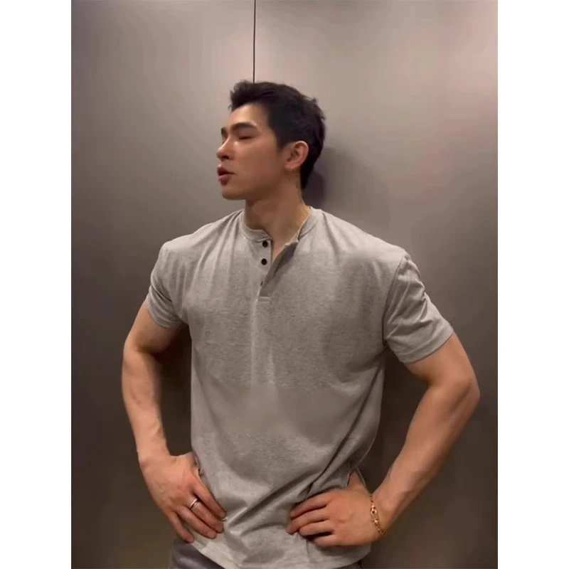 性张力穿搭美式硬汉亨利衫短袖男士polo衫痞帅修身半开领重磅T恤