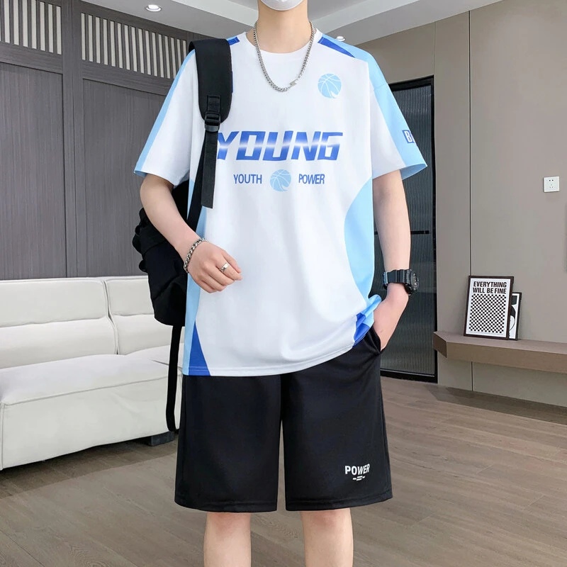男生休闲运动套装夏季冰丝速干五分袖短裤大童学生港风宽松夏装男